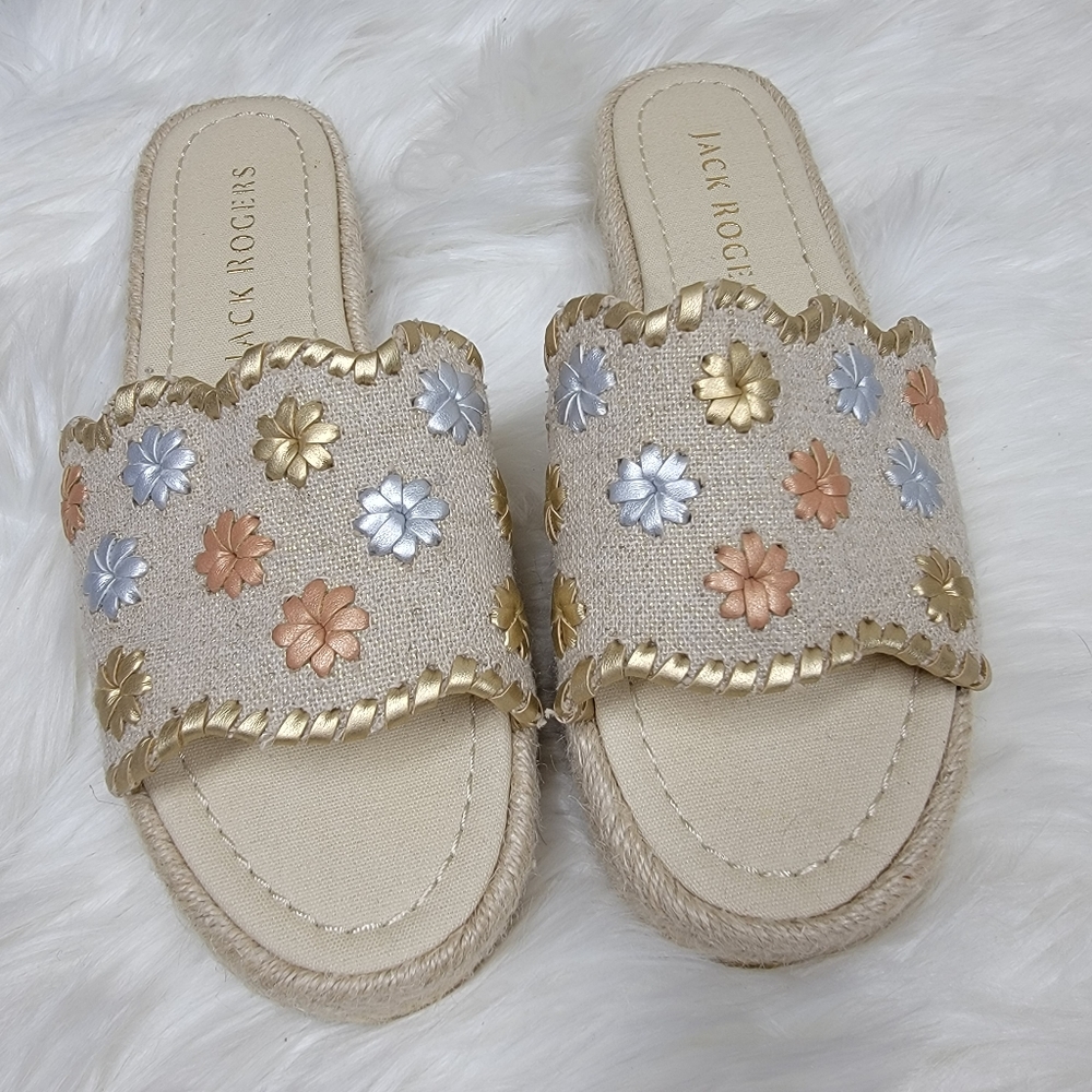 Jack Rogers platform slide sandals tan metallic floral size 7.5 - Picture 2 of 6